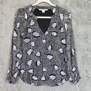 Diane Von Furstenberg Blouse Womens 0 Black Purple Animal Print Silk V Neck